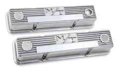 M/T Valve Covers Vintage Style Finned SBC Polished Chevrolet Small Block Perimeter Bolt Cast Aluminum Holley