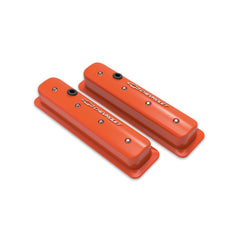 GM Licensed Valve Cover Muscle Series SBC Center Bolt Factory Orange Machined Small Block Chevrolet ZZ6/Vortec Emissions Provision Holley