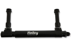 Black Anodized Adjustable Billet Fuel Line Black Anodized Adjustable Billet Fuel Line for Dual Feed Model 4150 and Dominator Carburetors Adjustable to Allow for Fitment on Various Metering Block and Fuel Bowl Configurations Holley
