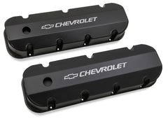 GM Licensed Valve Cover Track Series BBC Fabricated Aluminum Short Bolt Black 1965-2000 Chevrolet Big Block 396-454 Cubic Inch Smooth Top W/hole Long Bolt Holley