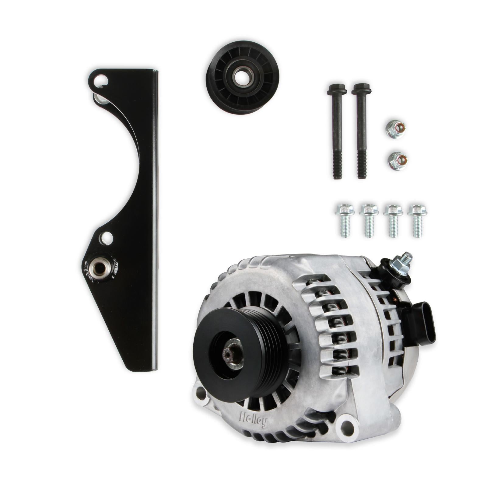 Gen III Hemi Alternator Relocation Kit W/ Alternator Moves Alternator Inward for Extra Clearance on Right Side of Engine Includes Alternator 197-302 (150 Amp Output) Black Brackets & Natural Aluminum Alternator Holley