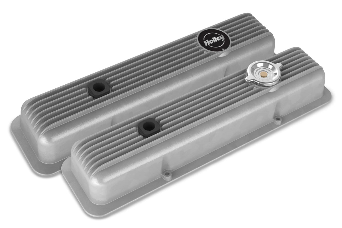 Valve Covers Muscle Series Finned SBC Natural Chevrolet Small Block Perimeter Bolt Cast Aluminum Holley