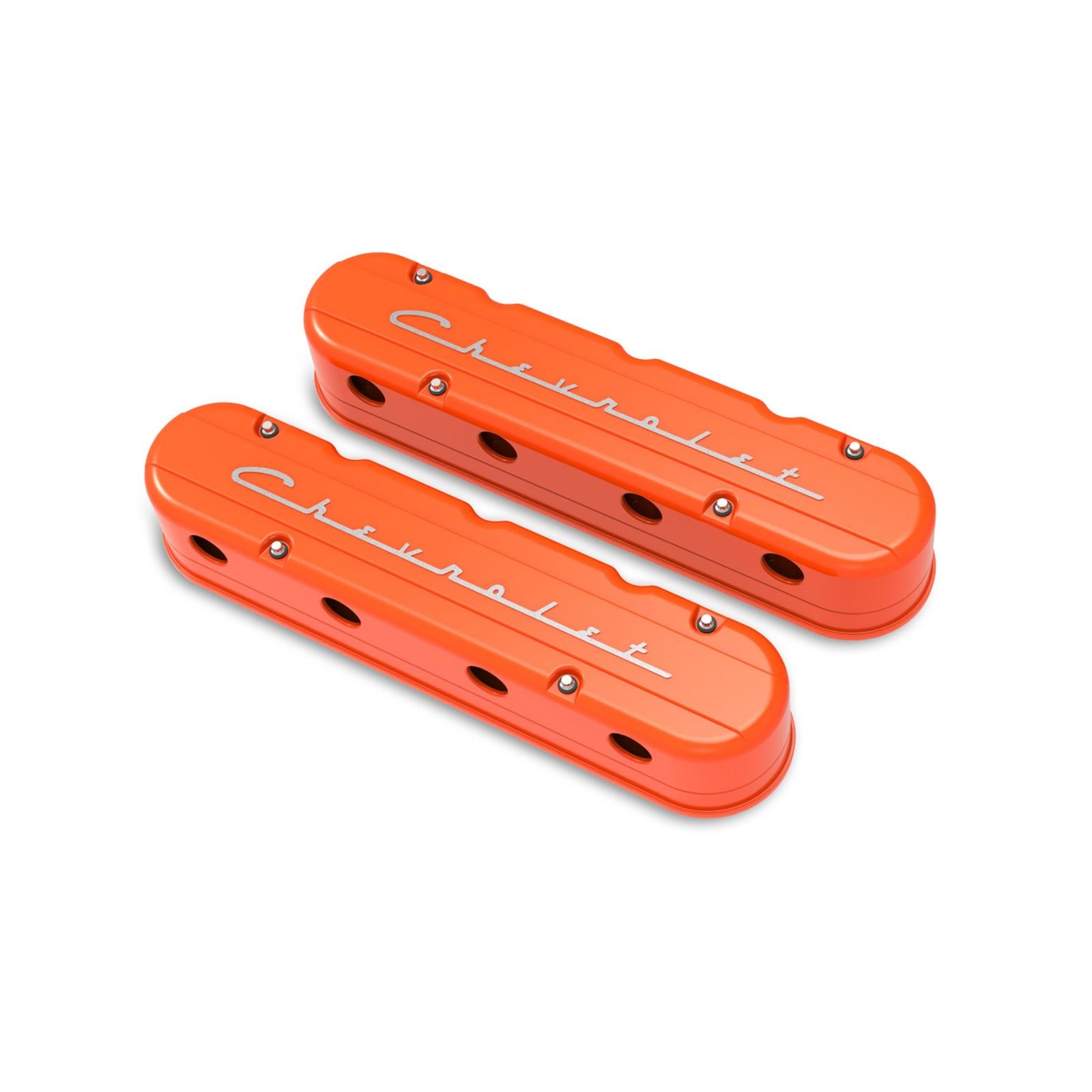 2-Piece Chevrolet Script Valve Cover Gen III/iv LS Factory Orange Machined Chevrolet Gen III/iv LS Cast Aluminum Coil-Mounting Base & Integrated Coil Cover Holley