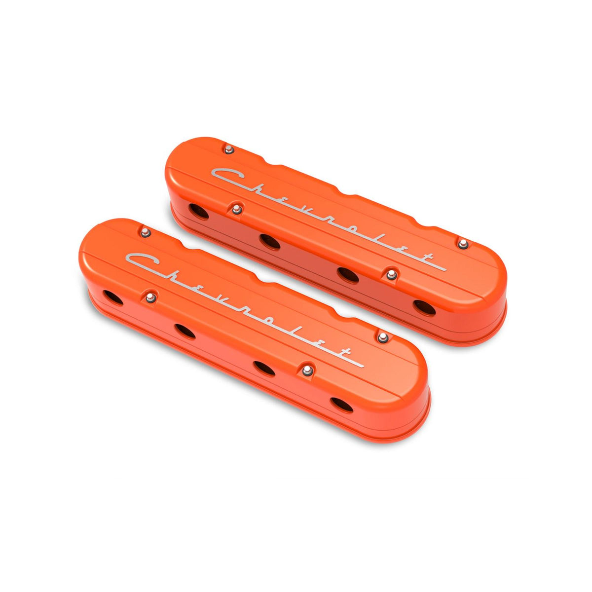 2-Piece Chevrolet Script Valve Cover Gen III/iv LS Factory Orange Machined Chevrolet Gen III/iv LS Cast Aluminum Coil-Mounting Base & Integrated Coil Cover Holley