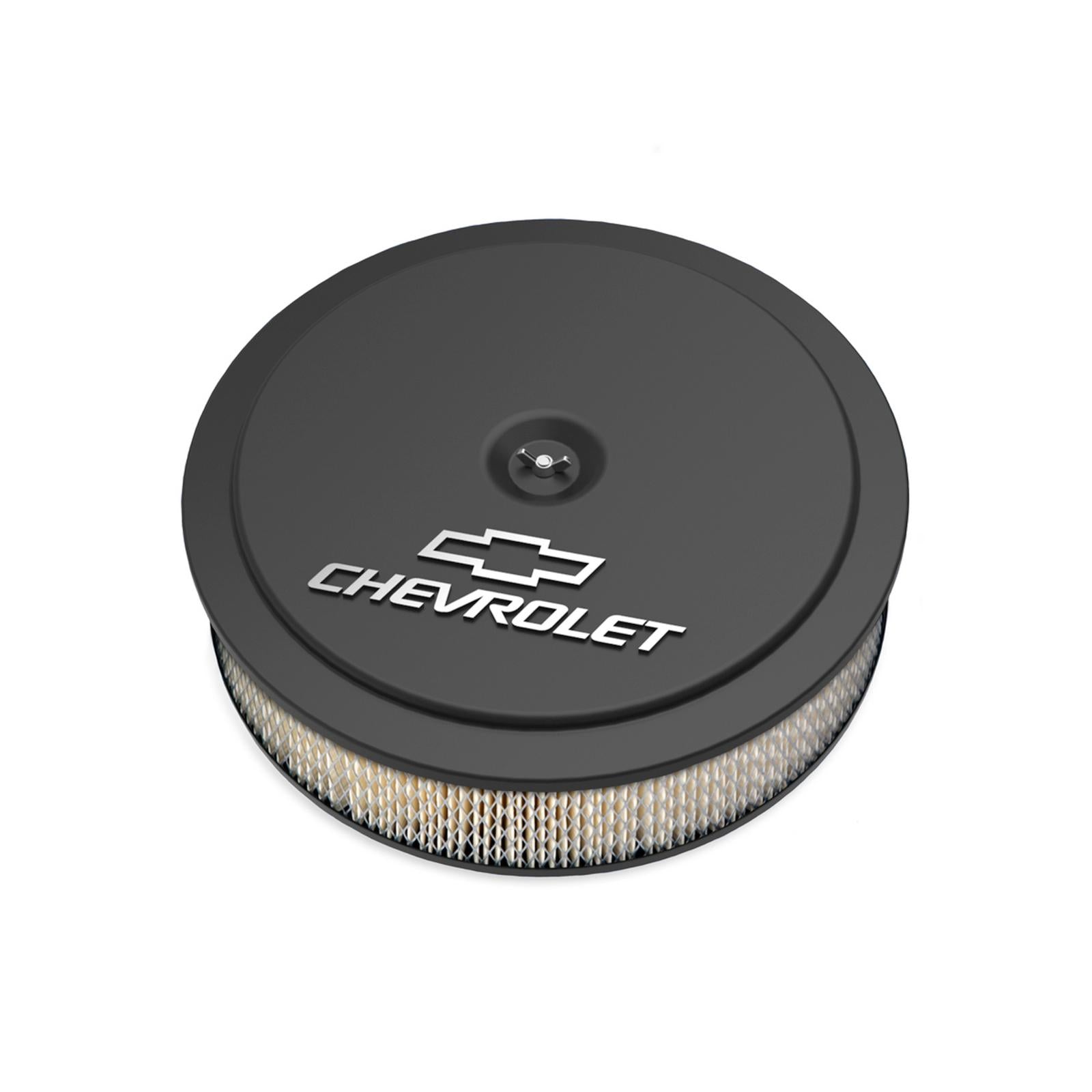 GM Muscle Series Air Cleaner Satin Black Machined 14 X 3 Air Cleaner Kit W/ Paper Filter GM Bowtie and Chevrolet Logo Holley