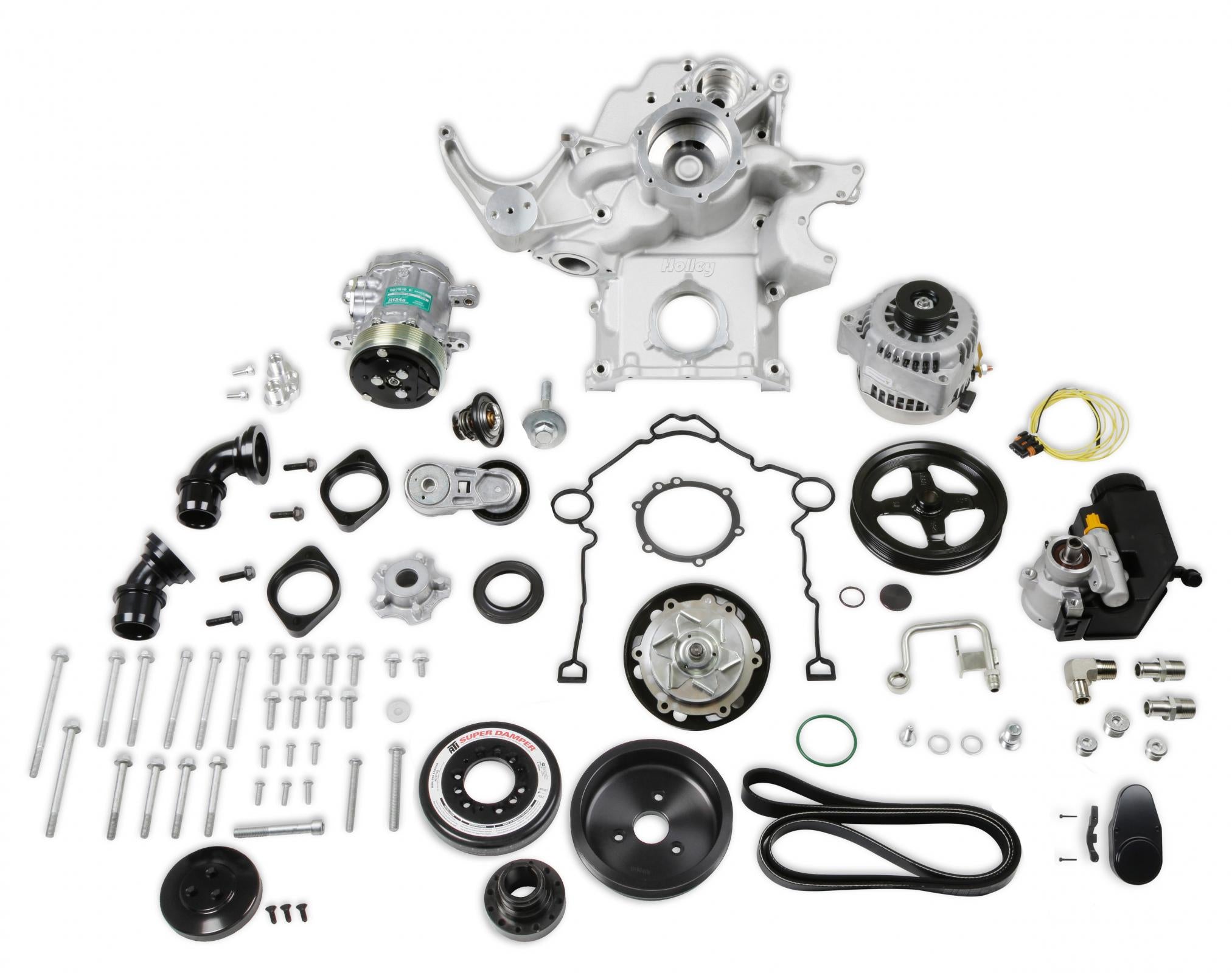 Premium Mid-Mount Complete Accessory System Gen III Hemi Engine VVT Fits 2009 & Up 5.7L & 2011 & Up 6.4L Engines Natural Cast Finish SFI Certified Damper with Billet Aluminum Pulley Holley