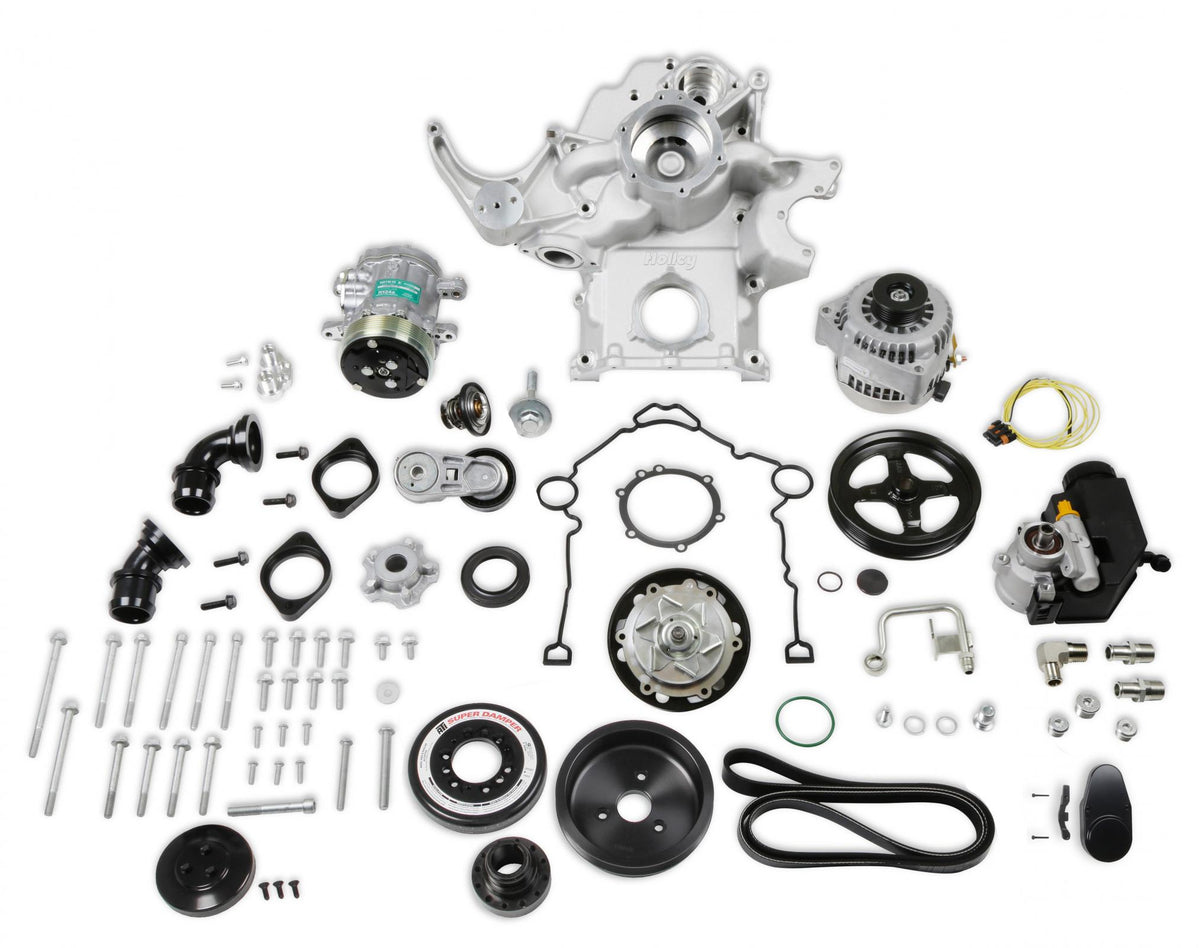 Premium Mid-Mount Complete Accessory System Gen III Hemi Engine VVT Fits 2009 & Up 5.7L & 2011 & Up 6.4L Engines Natural Cast Finish SFI Certified Damper with Billet Aluminum Pulley Holley
