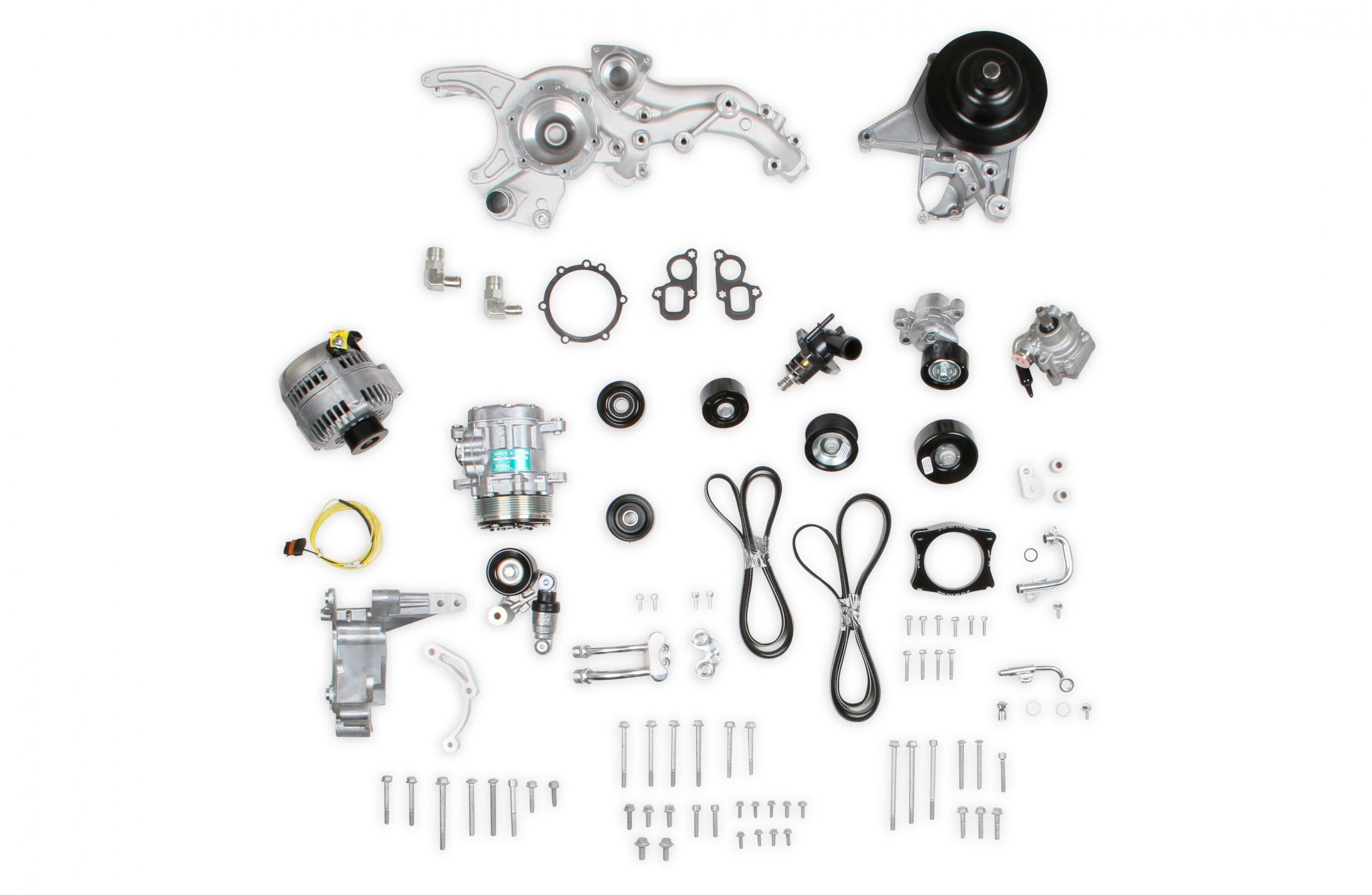 Premium Mid-Mount Complete Accessory System -GM Gen V LT4 Dry Sump Engines Complete GM Gen V LT4 Accessory Drive System W/ Alt, P/S, A/C, Water Pump, Belts, and Hardware Black Finish Holley