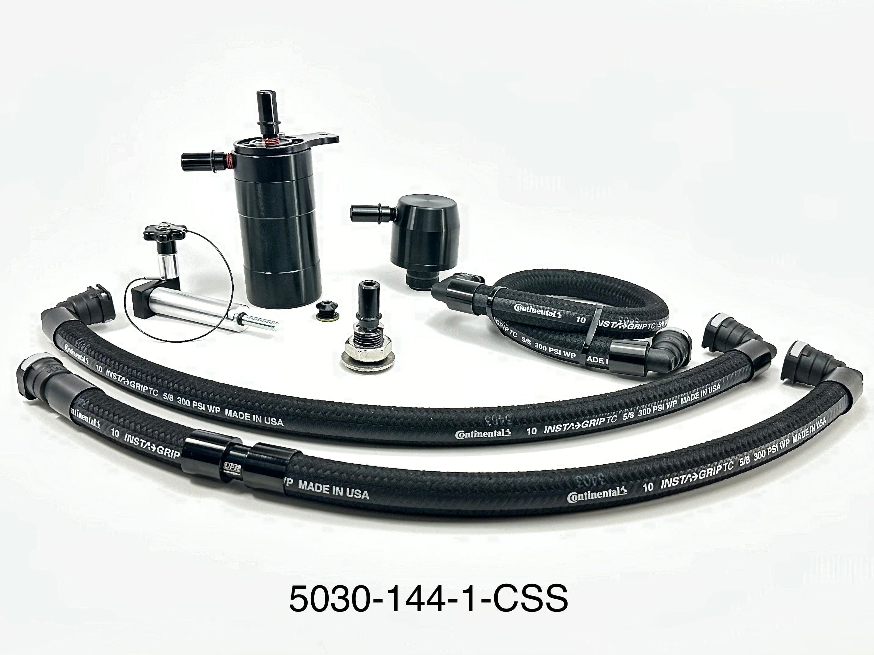 Plug N Play™ Single Valve Oil Catch Can with CSS Separator (fits 15-23 Mustang GT with Hellion) UPR