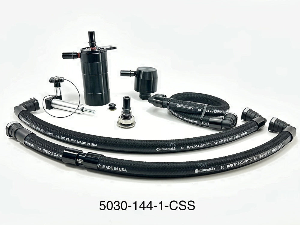 Plug N Play™ Single Valve Oil Catch Can with CSS Separator (fits 15-23 Mustang GT with Hellion) UPR