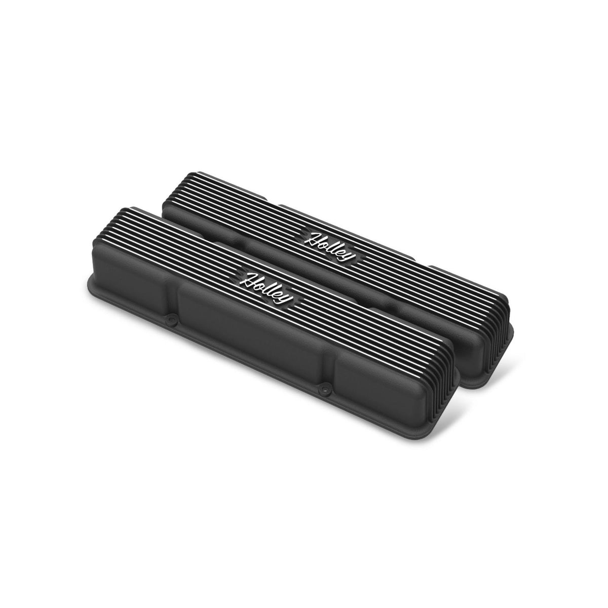 Valve Covers Vintage Series Finned SBC Satin Black Machined Chevrolet Small Block Without Emissions Provisions Perimeter Bolt Cast Aluminum Holley