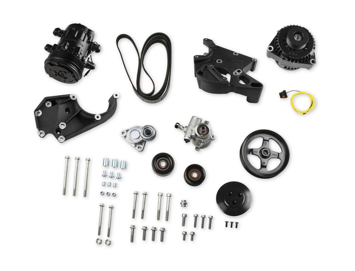 LS/LT High-Mount Complete Accessory Drive Kit- Black Finish Includes SD7 A/C Compressor, Alternator, P/S Pump, Tensioner, Belt, & Pulleys Holley