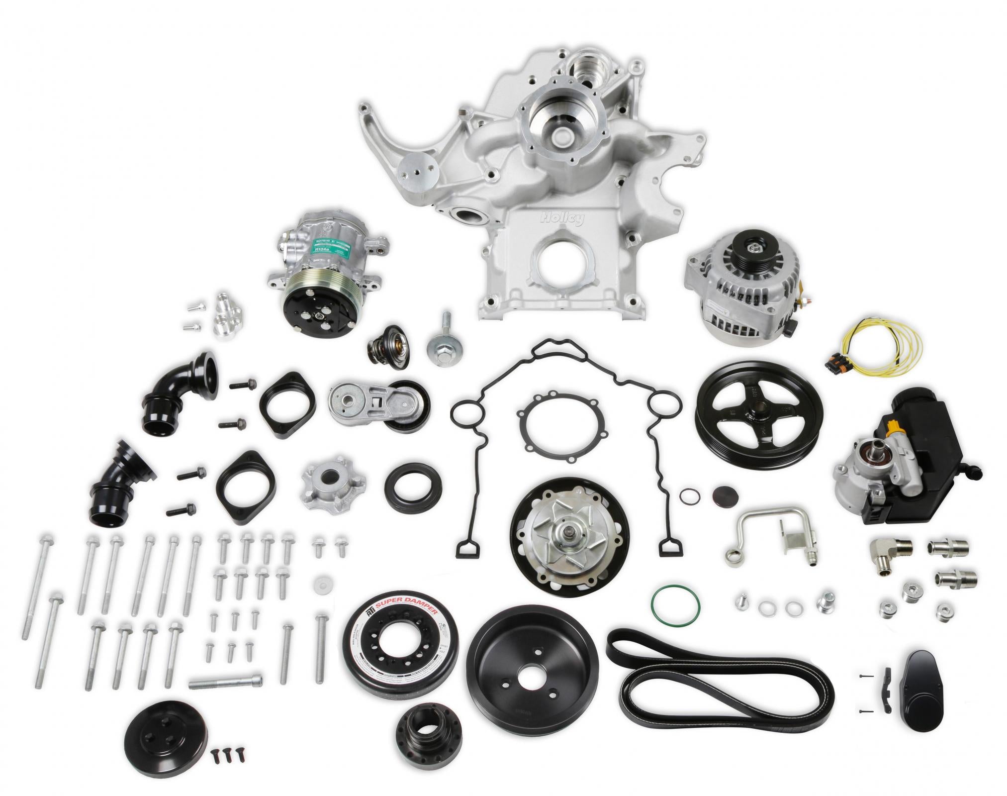 Premium Mid-Mount Complete Accessory System Gen III Hemi Engine Non VVT Fits 2003-2008 5.7L & 2005-2010 6.1L Engines Natural Cast Finish SFI Certified Damper with Billet Aluminum Pulley Holley