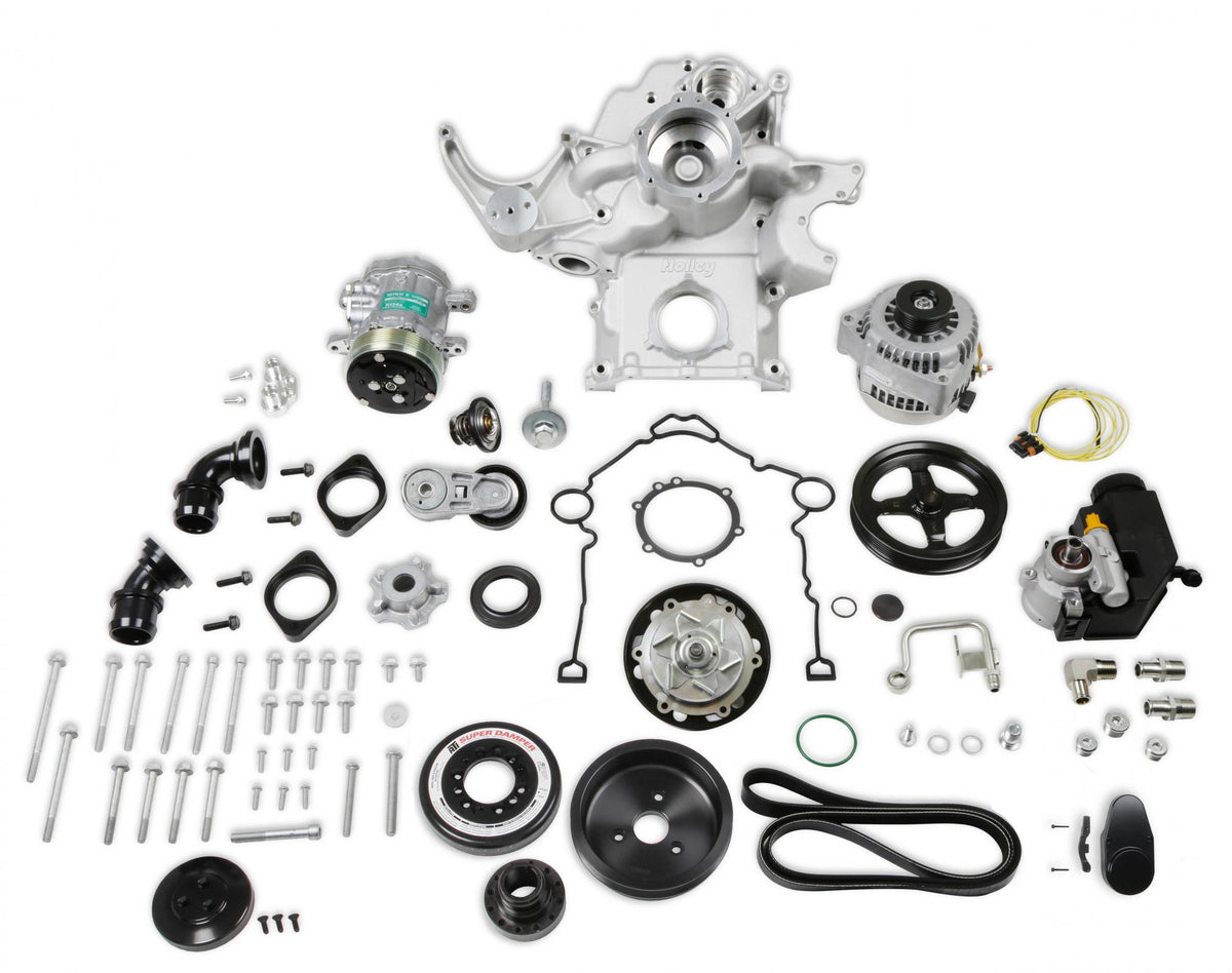 Premium Mid-Mount Complete Accessory System Gen III Hemi Engine Non VVT Fits 2003-2008 5.7L & 2005-2010 6.1L Engines Natural Cast Finish SFI Certified Damper with Billet Aluminum Pulley Holley