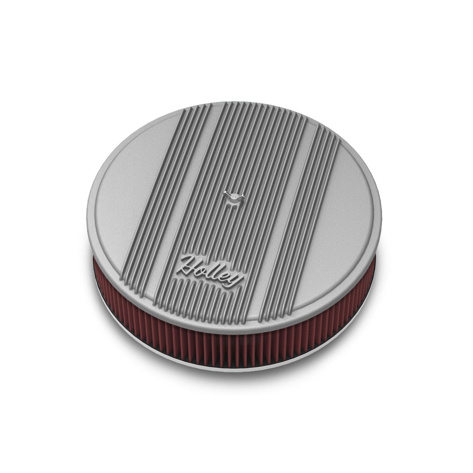 14 Round Finned Air Cleaner Natural Finish Air Cleaner Assembly, 14 Round Design W/ 3 Premium Filter Element, Die-Cast Aluminum, Fits 4150 & 4160 Carburetors w/5.125 Diameter Neck Holley