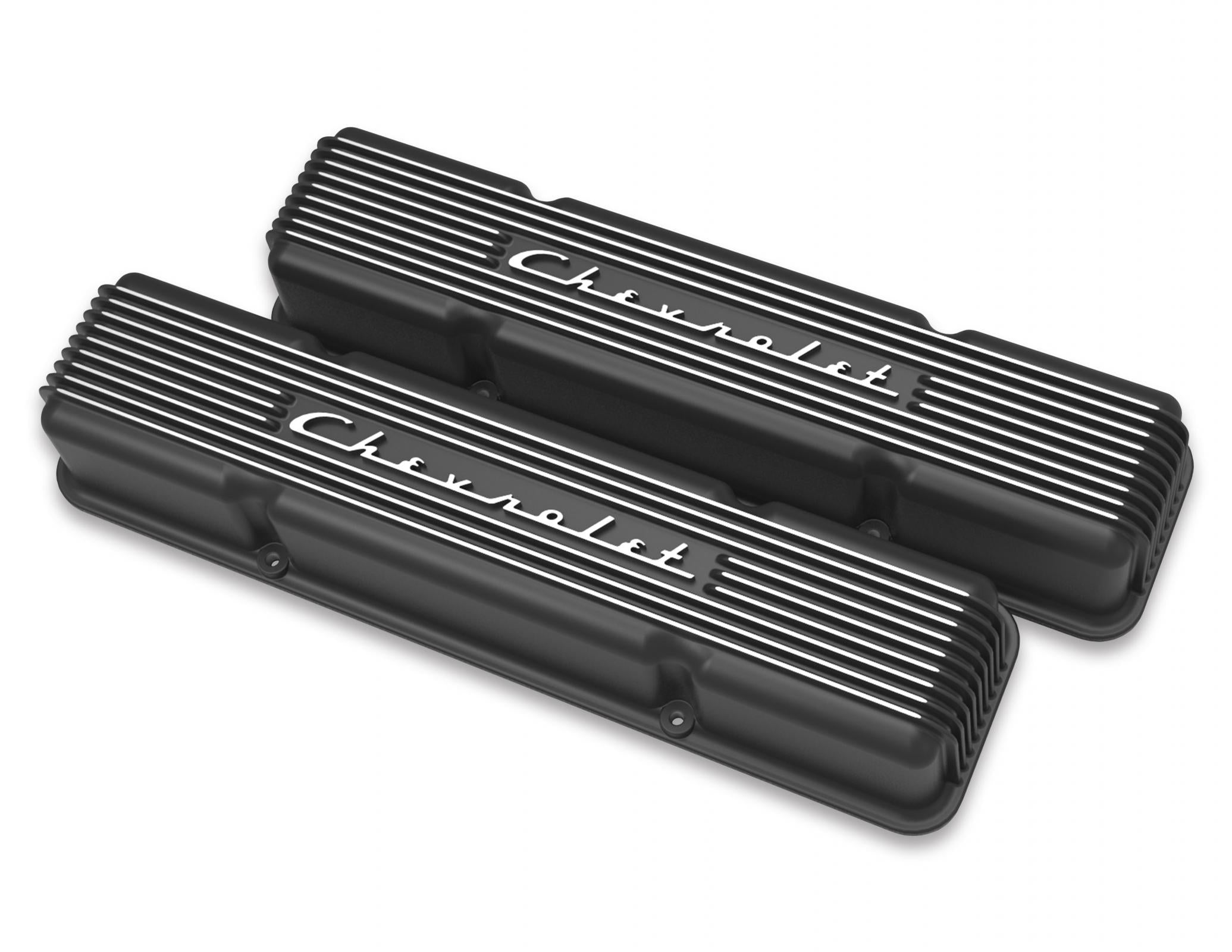 GM Licensed Vintage Series SBC Valve Covers Satin Black Machined Finish GM Style Finned Script Perimeter Bolt Valve Cover Pair SBC Satin Black Machined Finish Holley