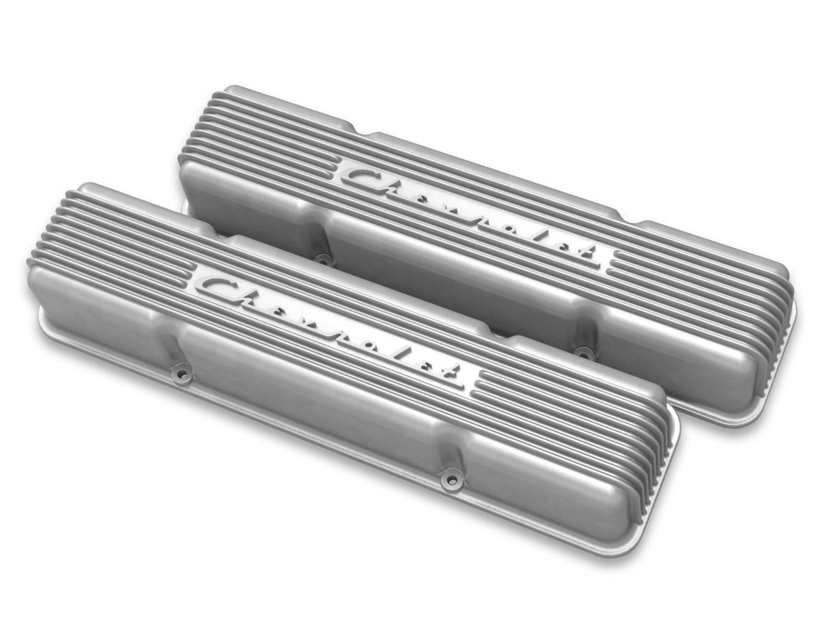 GM Licensed Vintage Series SBC Valve Covers GM Style Finned Script Perimeter Bolt Valve Cover Pair SBC Natural Cast Finish Holley