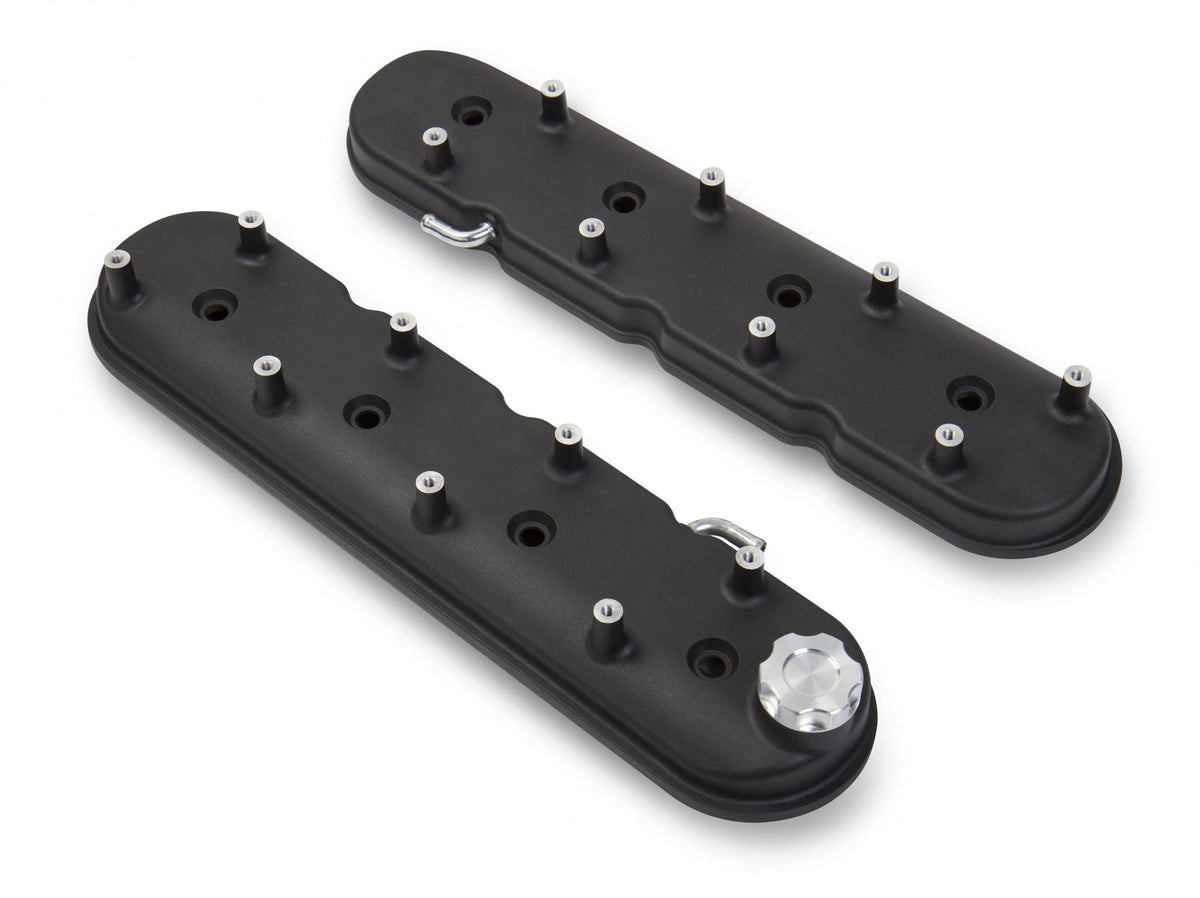 LS Valve Covers Satin Black Textured Finish Standard Height LS Valve Covers W/ Coil Mounting Posts, Cast Aluminum Satin Black Textured Finish Holley