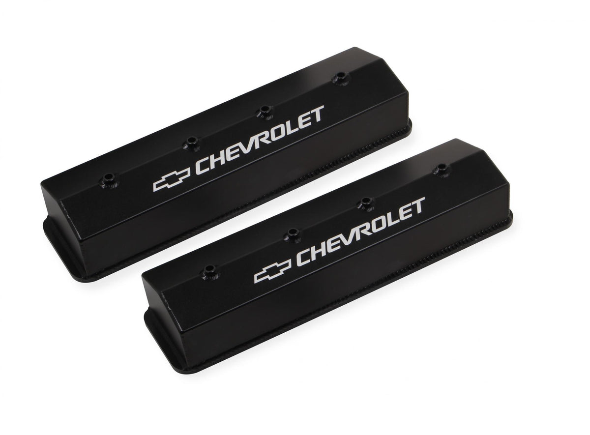 GM Licensed Valve Cover Track Series SBC Fabricated Aluminum Center Bolt Black 1987-1997 Chevrolet Small Block 305-350 Cubic Inch Tall (3.75) No Hole Holley