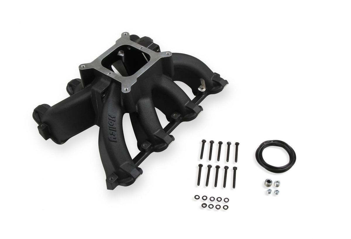 Single Plane Split-Design Race Intake Manifold- GM LS1/LS2/LS6- Black Carbureted Single Plane Split-Design Race Intake Manifold Fits All GM LS Gen III or IV Engines Equipped with LS1/LS2/LS6 Style Cathedral Port Cylinder Heads Holley