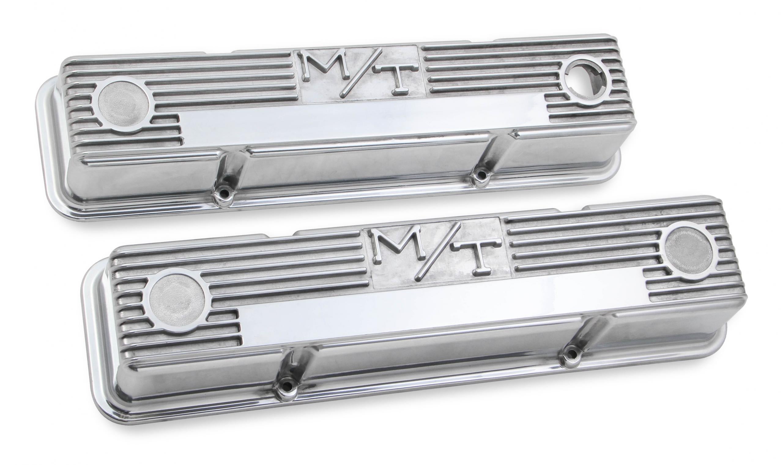 M/T Valve Covers Vintage Style Finned SBC Polished Chevrolet Small Block Perimeter Bolt Cast Aluminum Holley