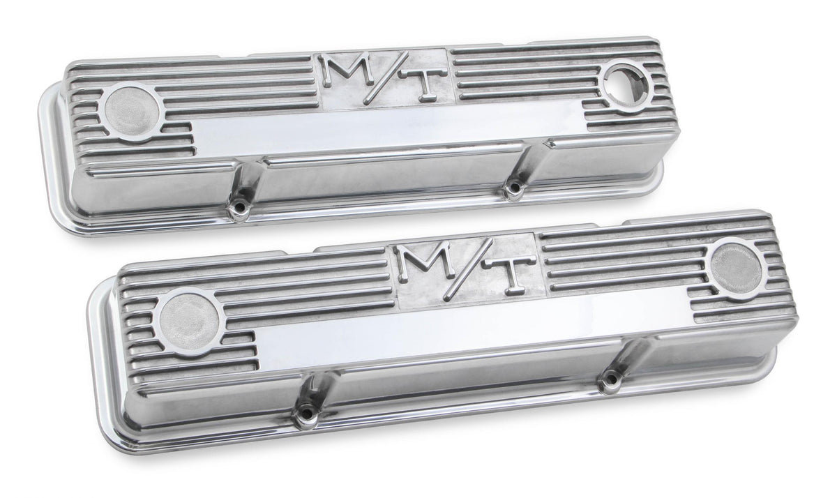 M/T Valve Covers Vintage Style Finned SBC Polished Chevrolet Small Block Perimeter Bolt Cast Aluminum Holley