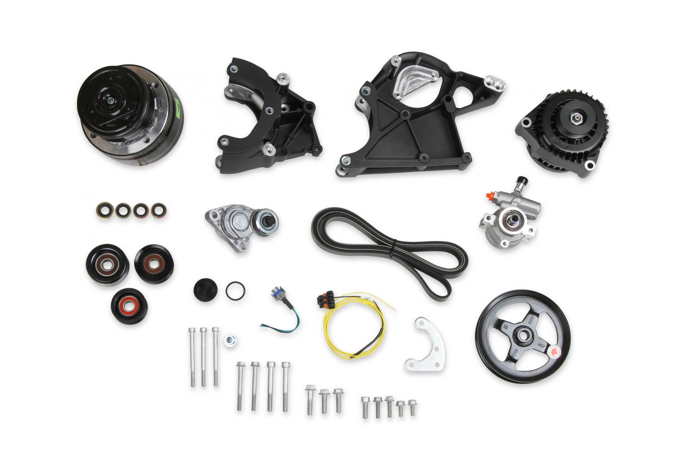 LS/LT High-Mount Complete Accessory Drive Kit- Black Finish Includes R4 A/C Compressor, Alternator, Power Steering Pump, Belt & Pulleys Holley