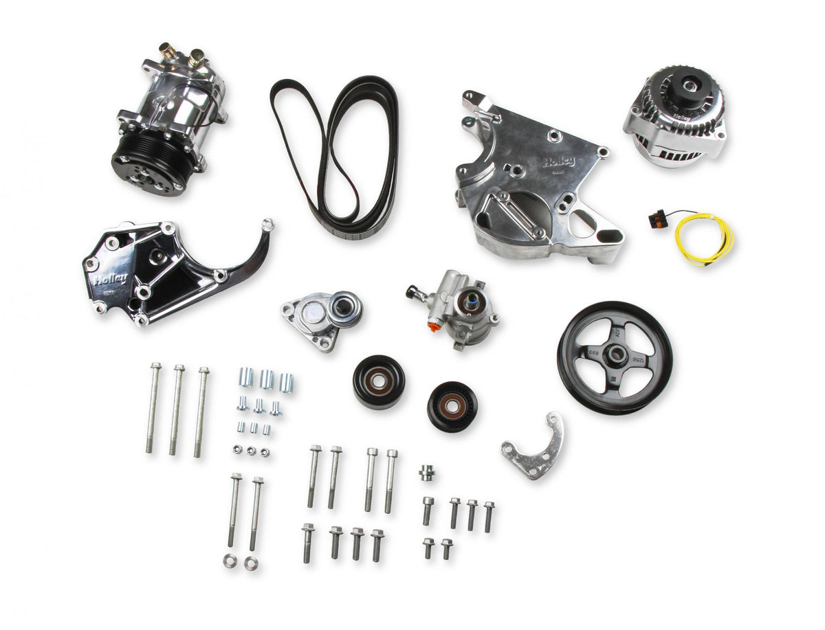LS/LT High-Mount Complete Accessory Drive Kit- Polished Finish Includes SD508 A/C Compressor, Alternator, P/S Pump, Tensioner, Belt, & Pulleys Holley