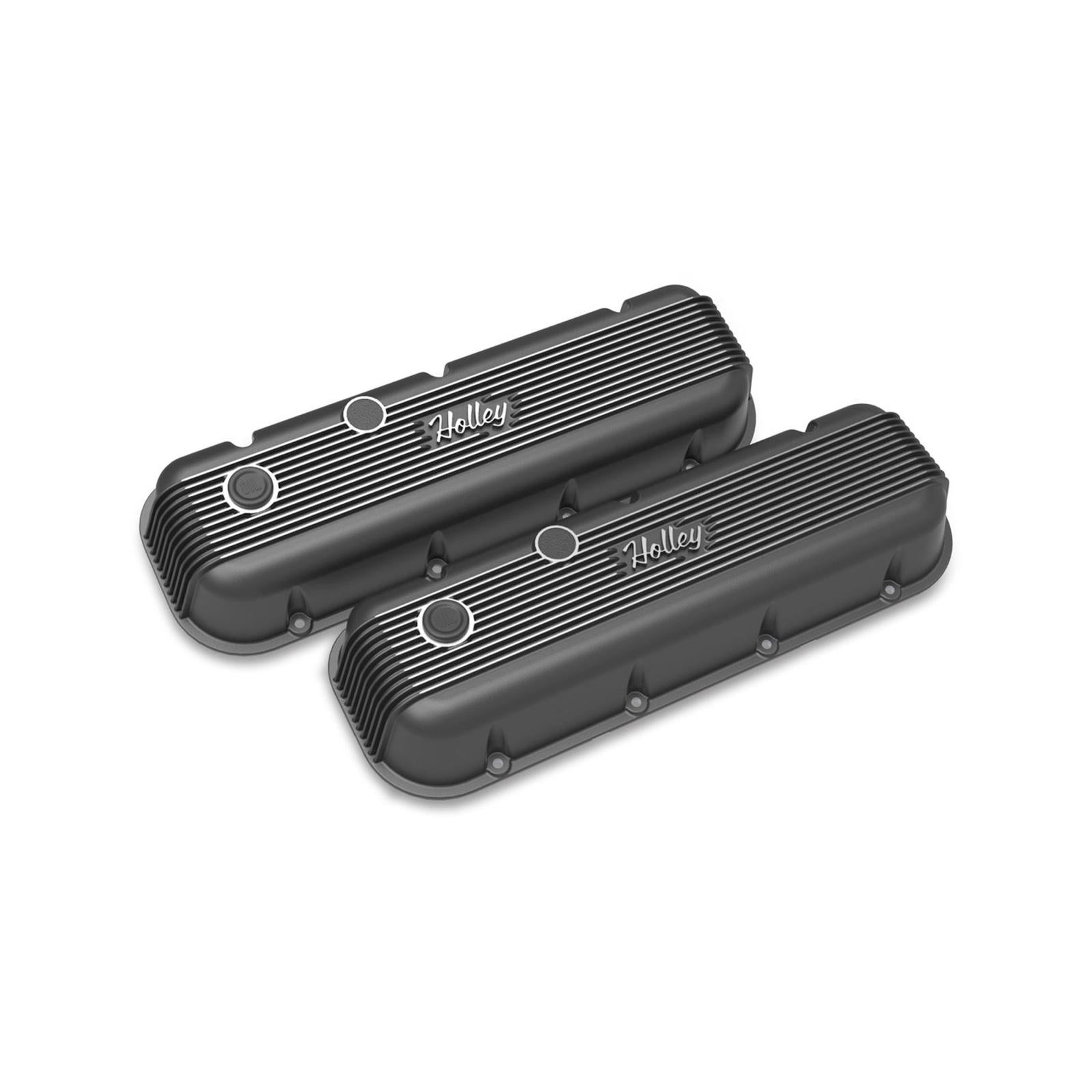 Vintage Series Finned Valve Covers BBC Satin Black Machined Chevrolet Big Block Cast Aluminum Valve Covers Stock or Stock Replacement Valvetrain Holley