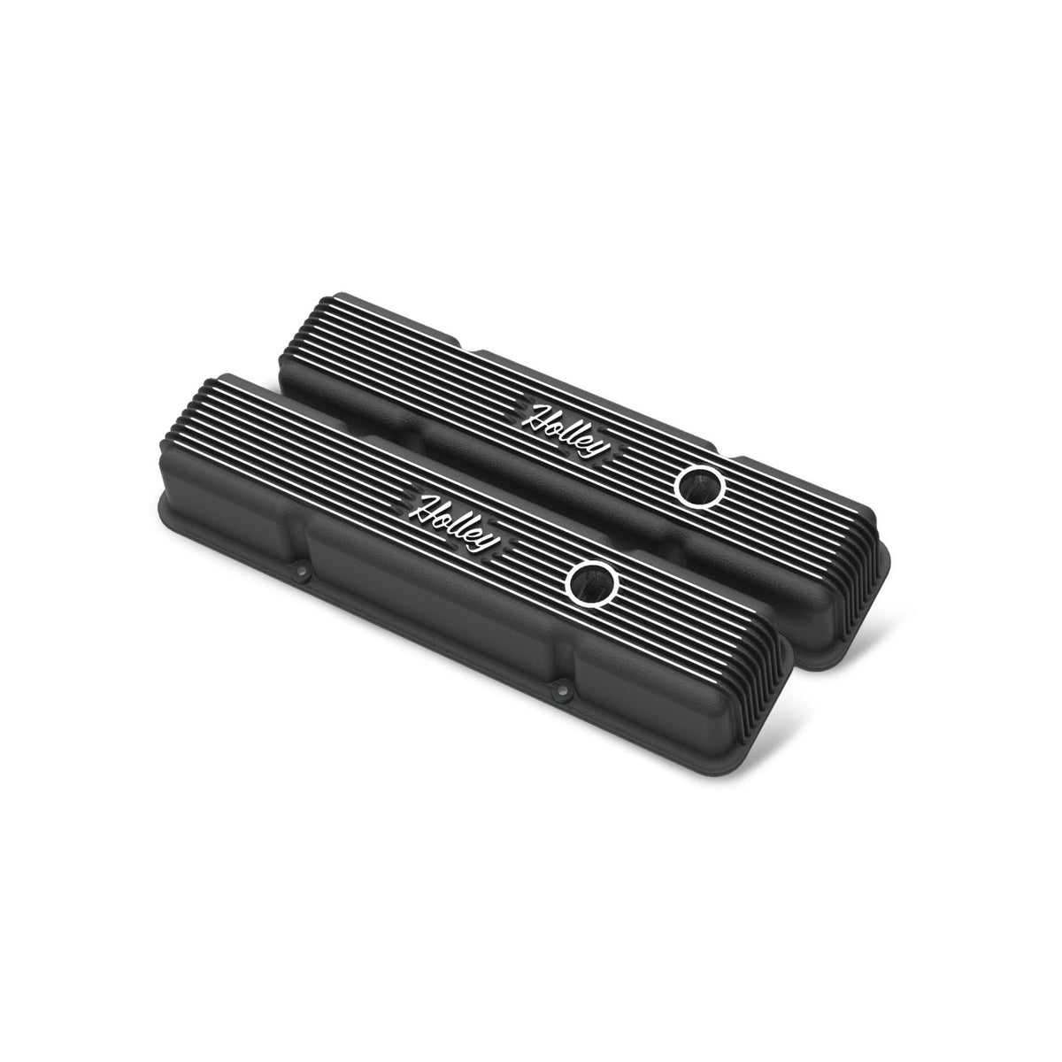 Valve Covers Vintage Series Finned SBC Satin Black Machined Chevrolet Small Block with Emissions Provisions Perimeter Bolt Cast Aluminum Holley