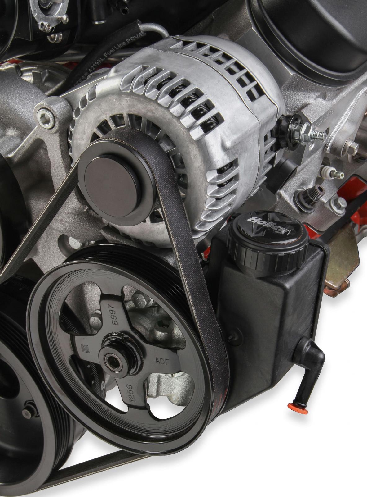 Premium Mid-Mount Race Accessory System LS Engine Drive Includes Alternator, P/S Pump, Tensioner, SFI Certified Damper W/hard Anodized Billet Crank Pulley, Belt, & Pulleys Holley