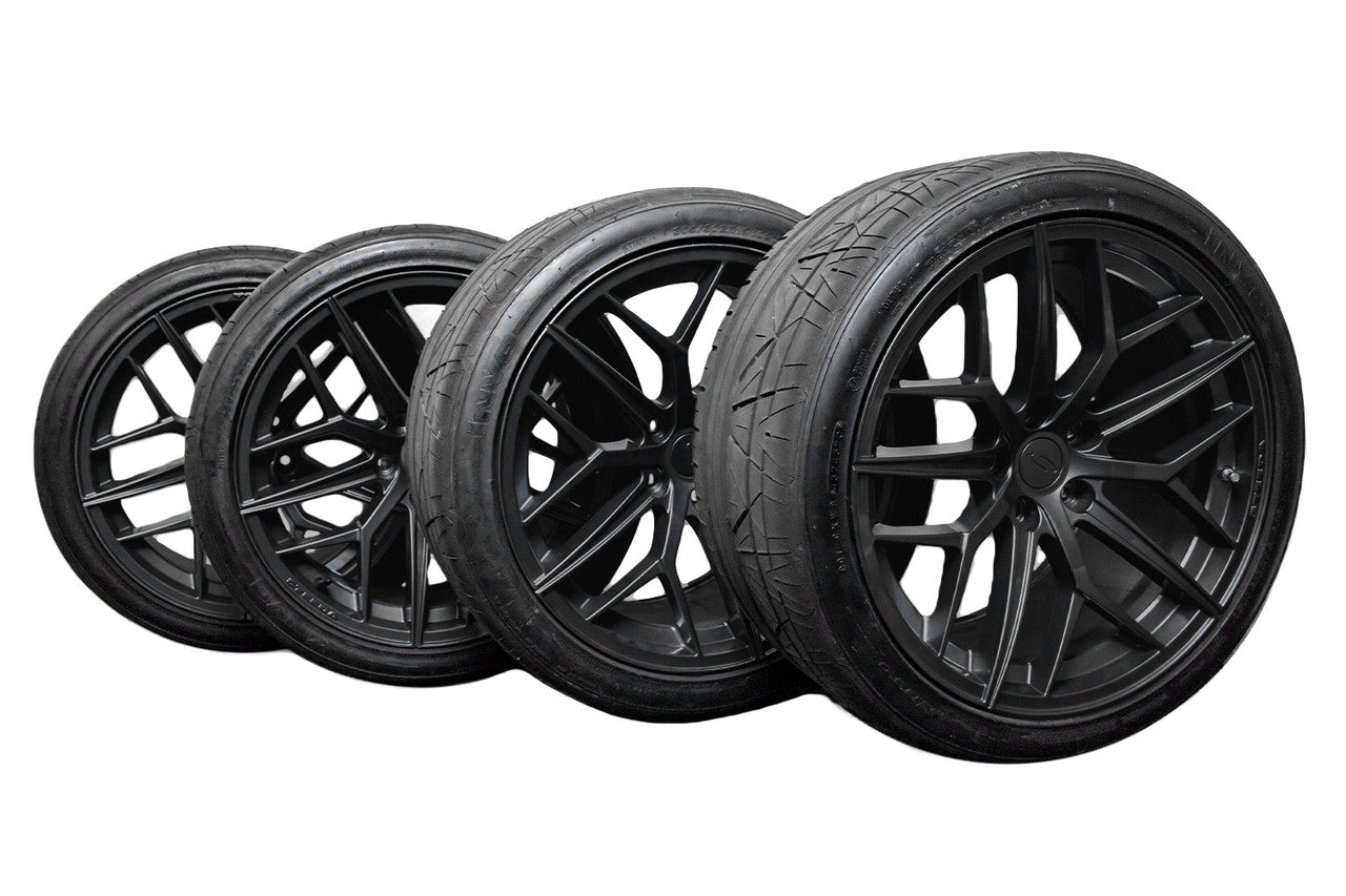 Steeda Mustang Trident Satin Black Staggered Wheel & Tire Package
