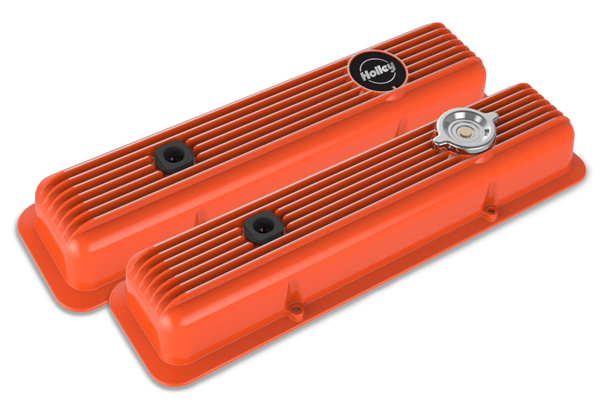 Valve Covers Muscle Series Finned SBC Factory Orange Chevrolet Small Block Perimeter Bolt Cast Aluminum Holley