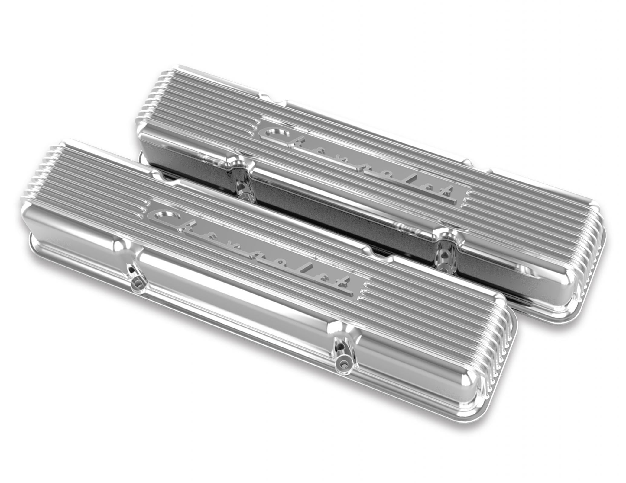 GM Licensed Vintage Series SBC Valve Covers GM Style Finned Script Perimeter Bolt Valve Cover Pair SBC Polished Finish Holley