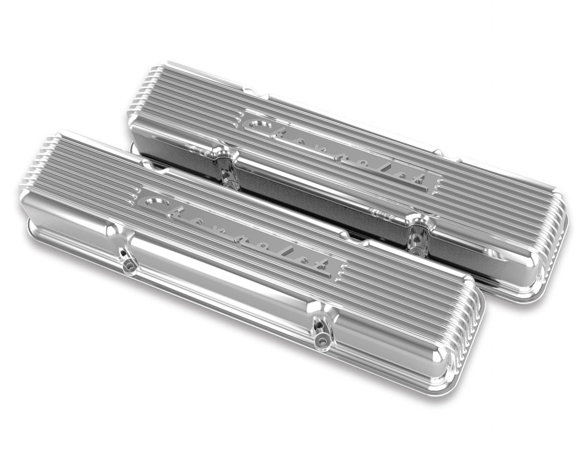 GM Licensed Vintage Series SBC Valve Covers GM Style Finned Script Perimeter Bolt Valve Cover Pair SBC Polished Finish Holley