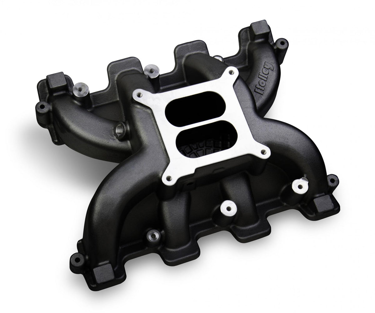 Dual Plane Intake GM LS1/LS2/LS6 Black All GM LS Gen III or IV Engines Equipped with LS1/LS2/LS6 Style Cathedral Port Cylinder Heads W/Black Ceramic Coating Holley