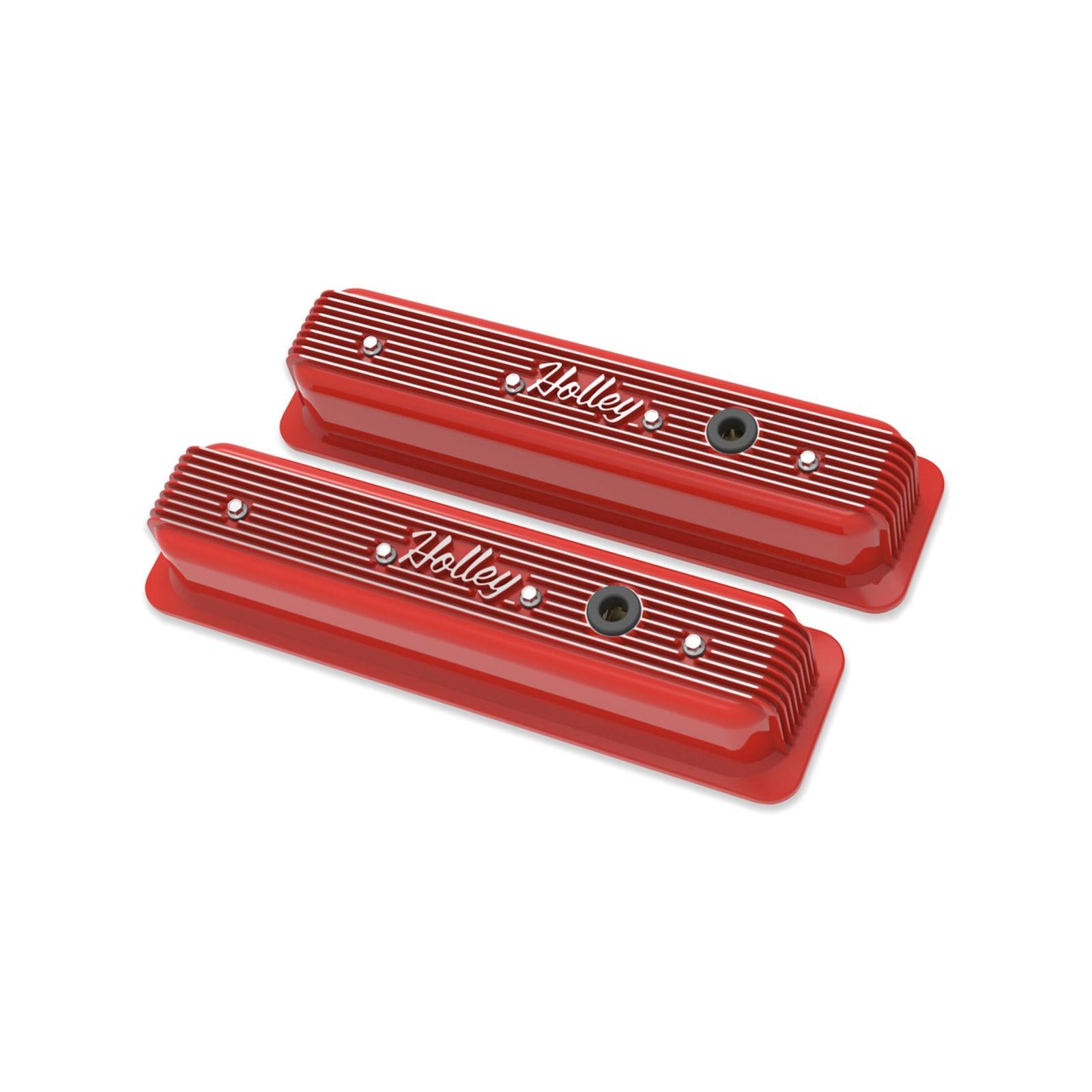 Vintage Finned Valve Cover Script SBC Center Bolt Gloss Red Machined Small Block Chevrolet ZZ6/Vortec Center Bolt Valve Cover Emissions Provision Holley