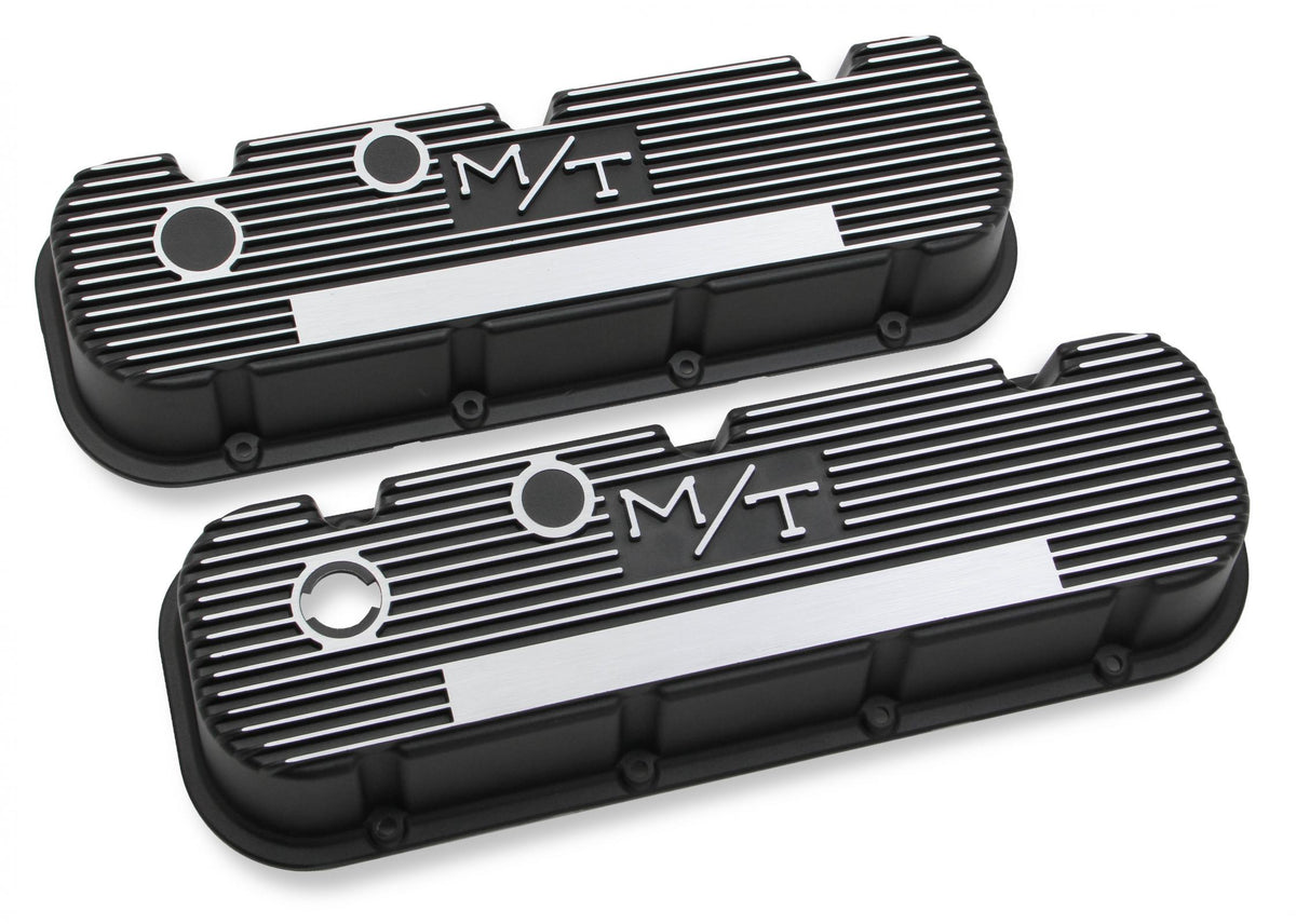 M/T Valve Covers Vintage Style Finned BBC Satin Black Chevrolet Big Block Cast Aluminum Holley