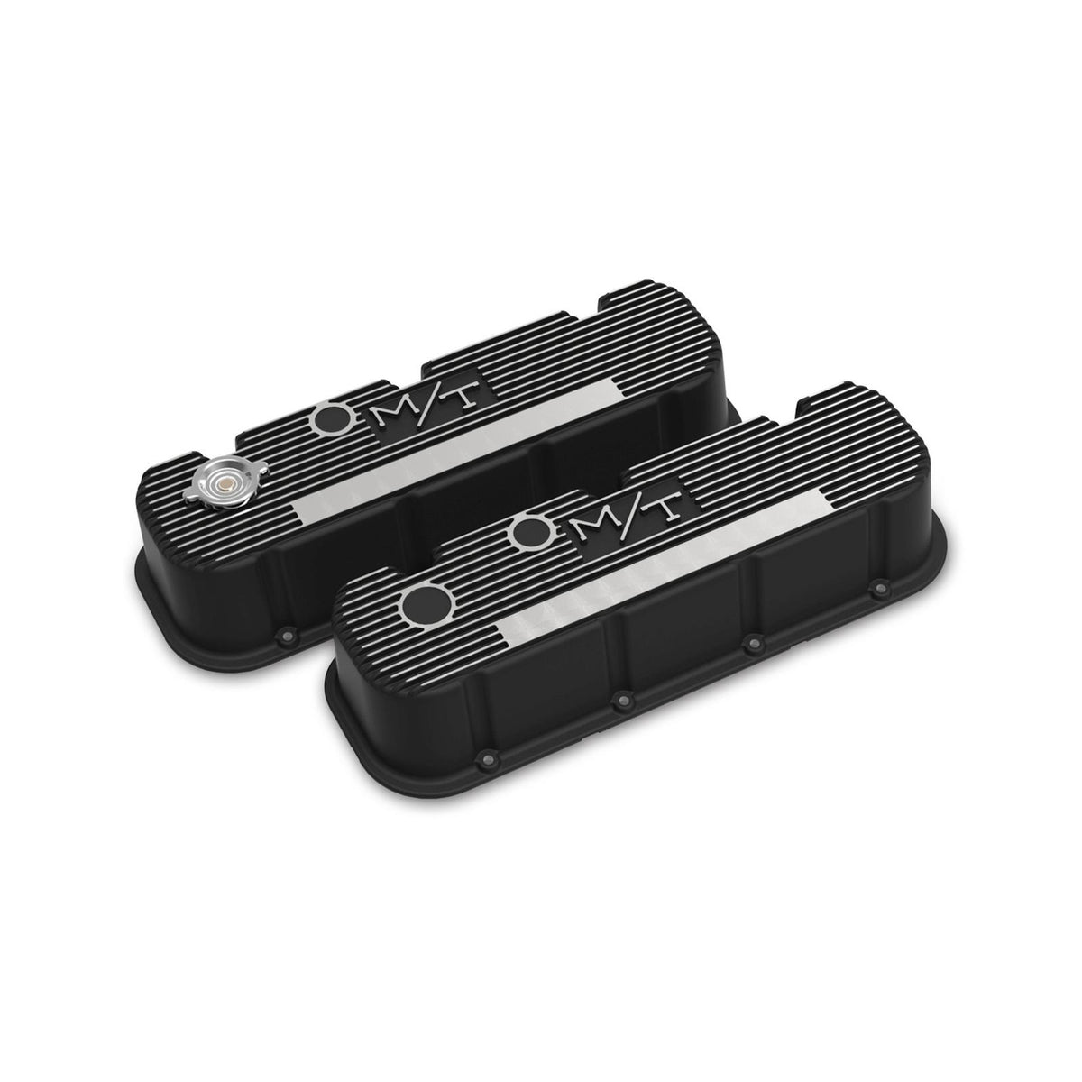 Tall M/T Valve Covers for Big Block Chevy Engines Satin Black Finish with Machined Fins/logo Cast Aluminum Tall M/T Valve Cover for BBC Engines, Satin Black Machined Finish Holley