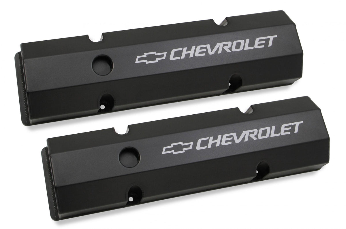 GM Licensed Valve Cover Track Series SBC Fabricated Aluminum Perimeter Bolt Black 1958-1986 Chevrolet Small Block 283-400 Cubic Inch Flat Top Holley