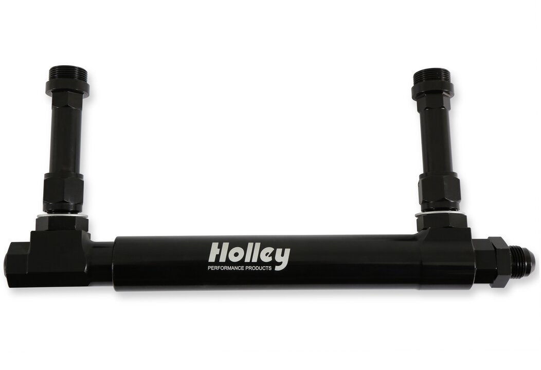 Black Anodized Adjustable Billet Fuel Line Black Anodized Adjustable Billet Fuel Line for Dual Feed Model 4150 and Dominator Carburetors Adjustable to Allow for Fitment on Various Metering Block and Fuel Bowl Configurations Holley