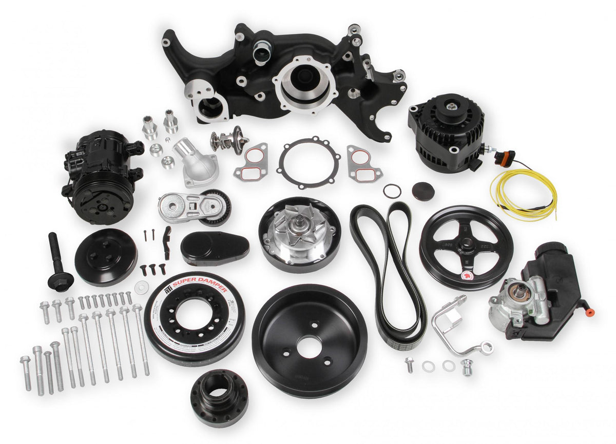Premium Black Mid-Mount LS7 Complete Accessory System Dry Sump LS7 Engine Drive Includes SD7 A/C Compressor, Alternator, P/S Pump, Tensioner, SFI Certified Damper W/hard Anodized Billet Crank Pulley, Belt, & Pulleys Fits Dry Sump Engines Holley
