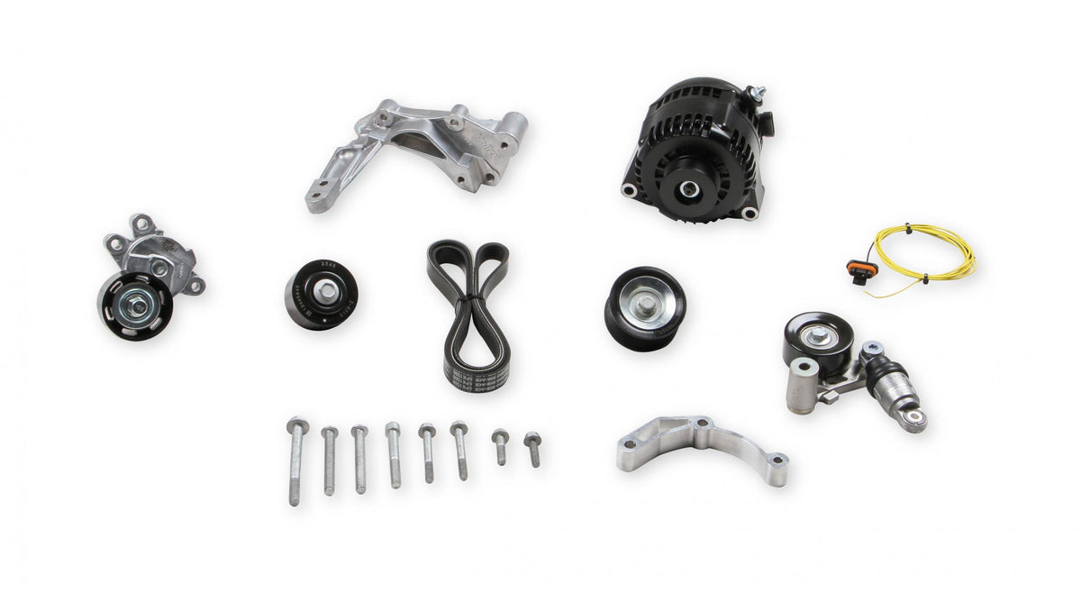 Alternator Relocation Kit (150amp Alternator W/bracket Kit) Black Finish LT4 Wet Sump Cast Bracket and Premium 150 Amp Alternator with Black Finish for LT4 Wet Sump Applications Used in LT Accessory Drive Kits #20-220, #20-223, and #20-233 Holley