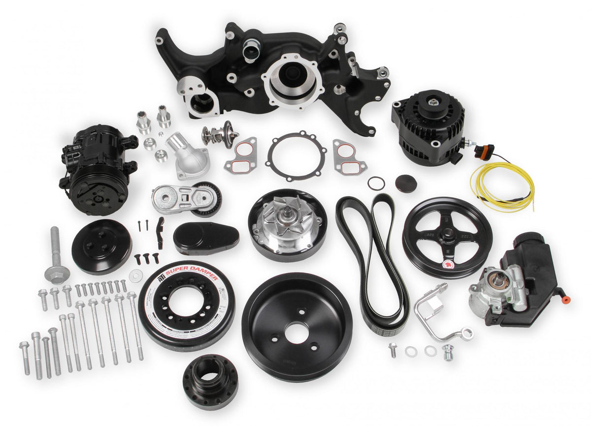 Premium Black Mid-Mount Complete Accessory System LS Engine Drive Includes SD7 A/C Compressor, Alternator, P/S Pump, Tensioner, SFI Certified Damper W/hard Anodized Billet Crank Pulley, Belt, & Pulleys Holley