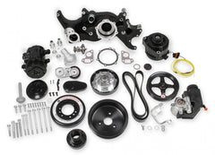 Premium Black Mid-Mount Complete Accessory System LS Engine Drive Includes SD7 A/C Compressor, Alternator, P/S Pump, Tensioner, SFI Certified Damper W/hard Anodized Billet Crank Pulley, Belt, & Pulleys Holley