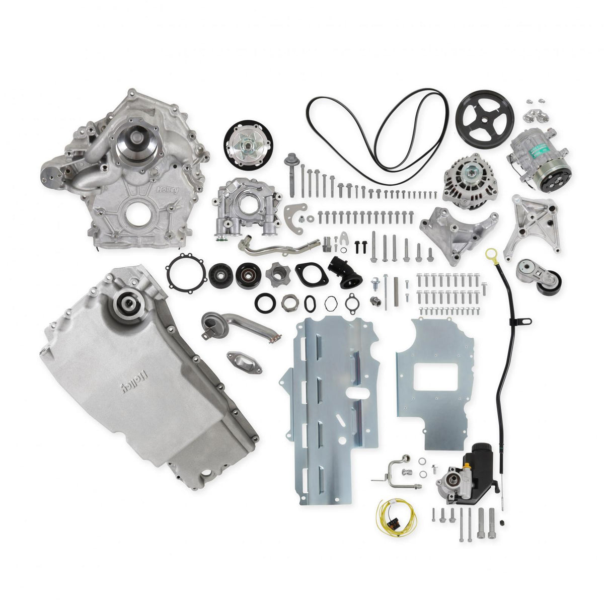 Godzilla High-Mount Accessory Drive F100 Swap Complete Natural Fits Ford 7.3L Godzilla Includes Timing Cover/coolant Manifold, SD7 A/C Compressor, Alternator, P/S Pump, Tensioner, Water Pump, Belt & Pulleys, Oil Pump, and Oil Pan Holley