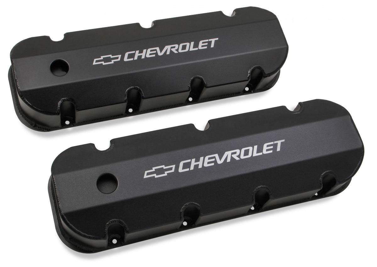 GM Licensed Valve Cover Track Series BBC Fabricated Aluminum Short Bolt Black 1965-2000 Chevrolet Big Block 396-454 Cubic Inch Smooth Top W/hole Long Bolt Holley