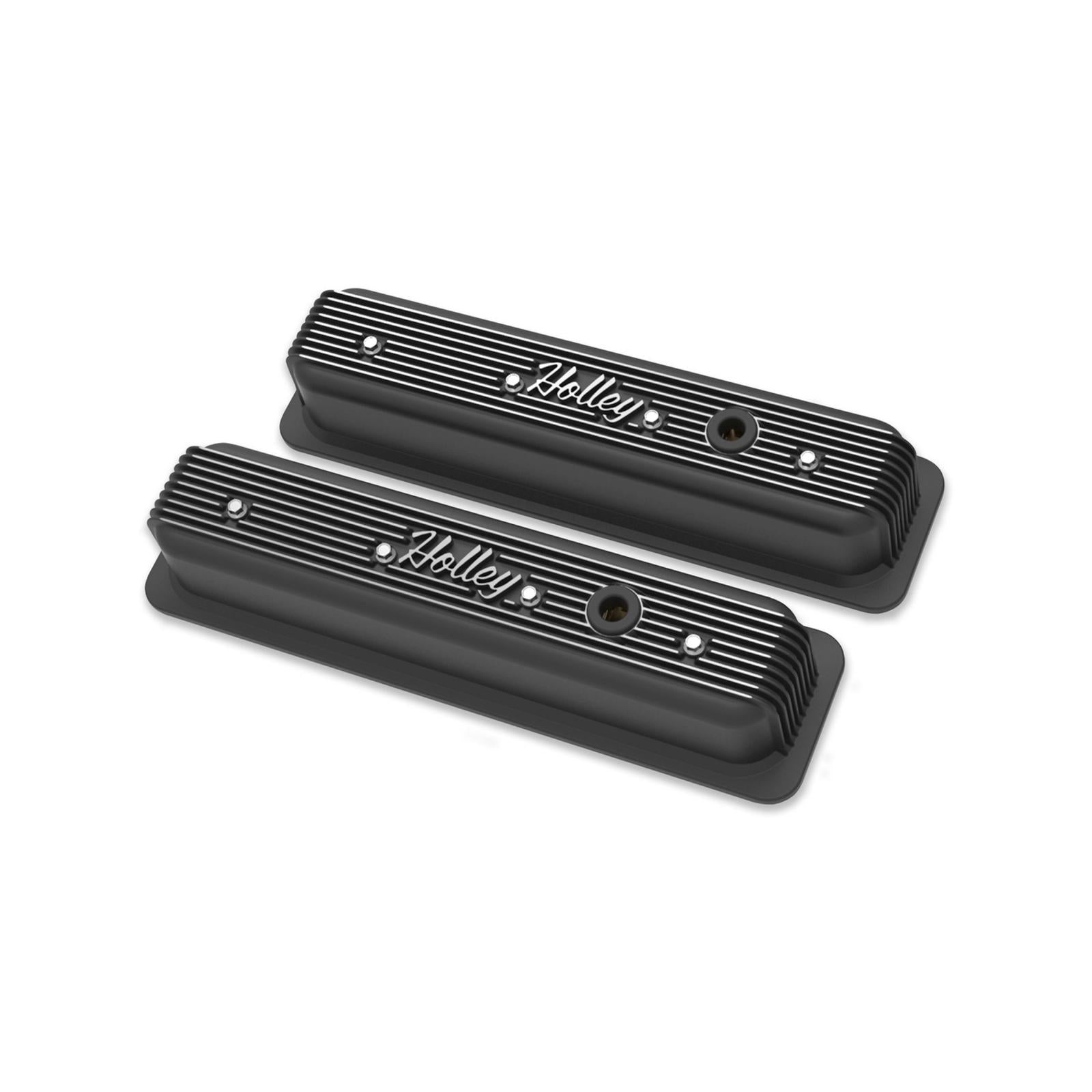 Vintage Finned Valve Cover Script SBC Center Bolt Satin Black Machined Small Block Chevrolet ZZ6/Vortec Center Bolt Valve Cover Emissions Provision Holley