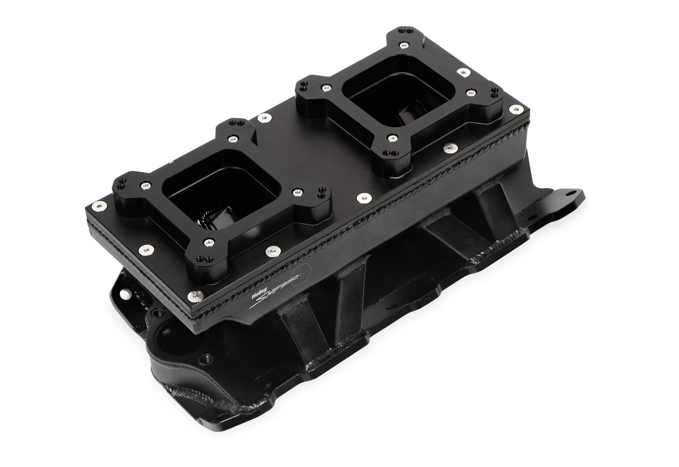 Sheet Metal Fabricated Intake Manifold Small Block Chevy Fabricated Intake Manifold Sbc Single Plane Carbureted (2 X 4150 Style Flange Changeable Plate) Black With Logo Sniper EFI