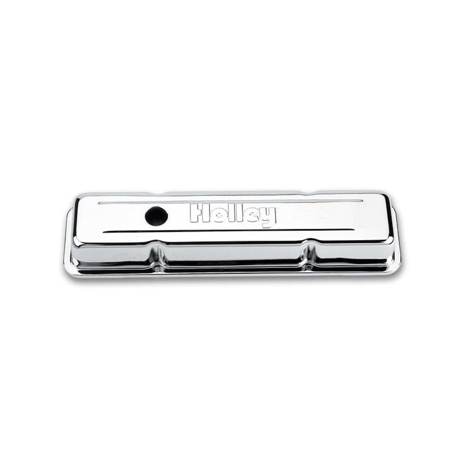 Embossed Valve Cover SBC Stamped Steel Chrome 1958-86 Chevrolet Small Block 283-400 Cubic Inch Logo Embossed in Each Cover 1 Breather/oil Fill Cap Opening Per Cover Holley